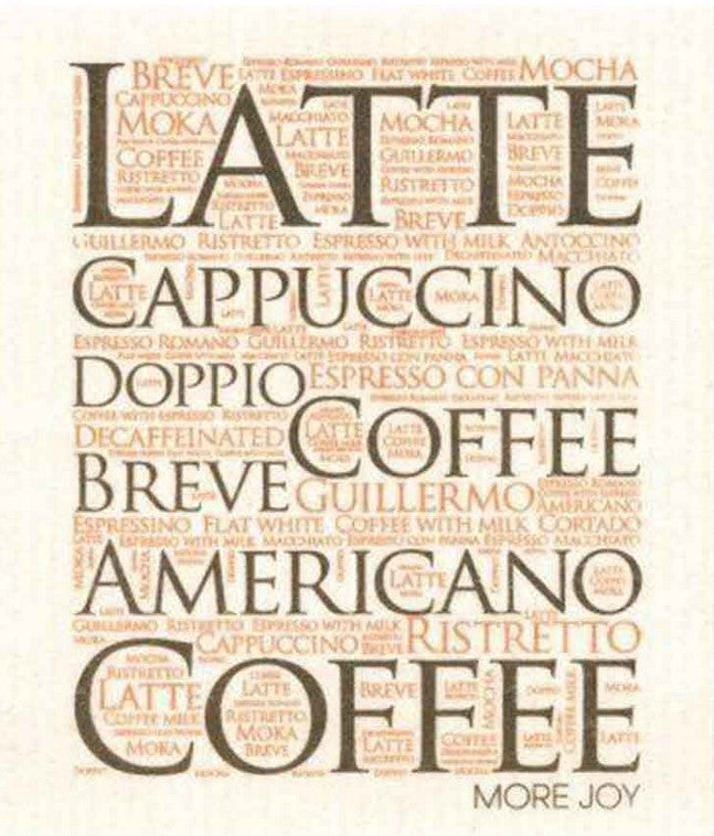 More Joy Latte Swedish Dishcloth with coffee cappuccino design, biodegradable cellulose and cotton cleaning cloth for spills