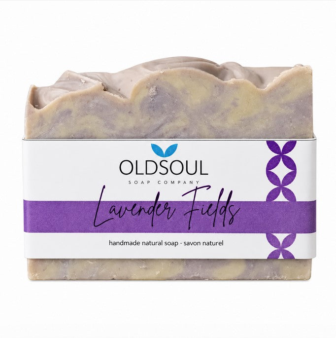 Lavender Fields artisan soap bar by Old Soul Soap Company isolated on a white background with natural lavender-inspired swirl design and vegan handmade soap packaging for eco-friendly skincare in Canada