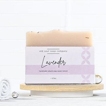 Lavender vegan artisan soap bar by Old Soul Soap Company with textured lavender scent and soft purple hue