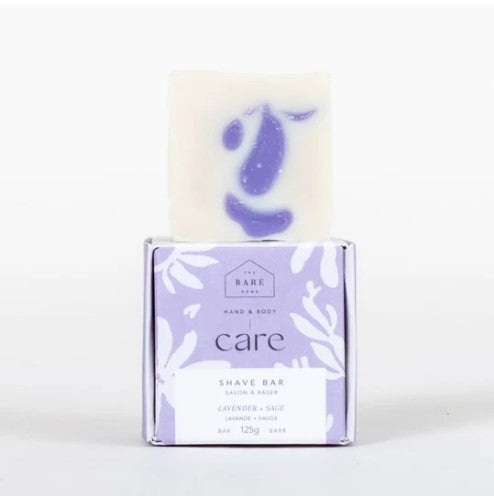 Lavender Sage Shave Bar by The Bare Home featuring natural soap in purple-green swirled color, crafted for smooth shaving