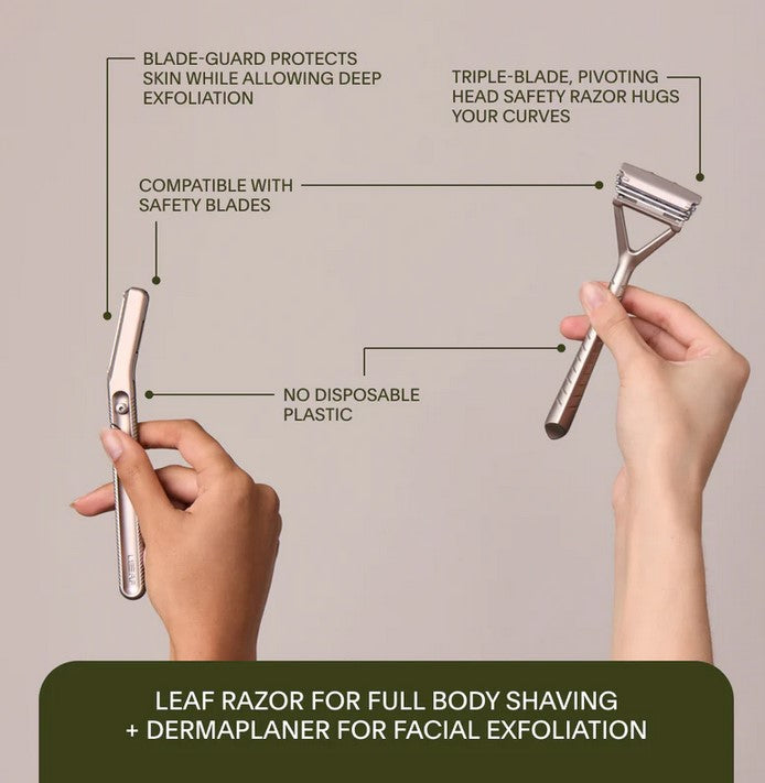 Close-up of the Rose Gold Leaf Face and Body Set Kit’s textured razor handle with engraved floral design and shiny metallic