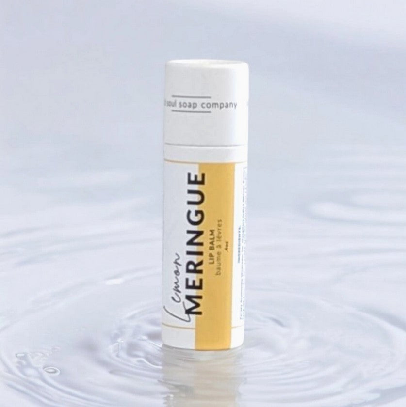 Old Soul Soap Company lemon meringue lip balm in compostable cardboard tube with natural yellow tint and smooth texture
