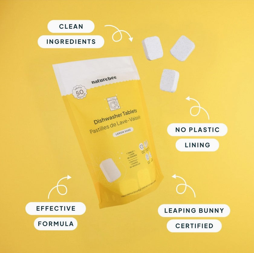 Close-up of Nature Bee Dishwasher Tablets packaging highlighting eco-friendly label and biodegradable material details
