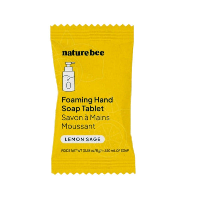 Nature Bee Lemon Sage foaming hand soap tablet in clear plastic container with white label, 4 oz capacity, eco-friendly zero