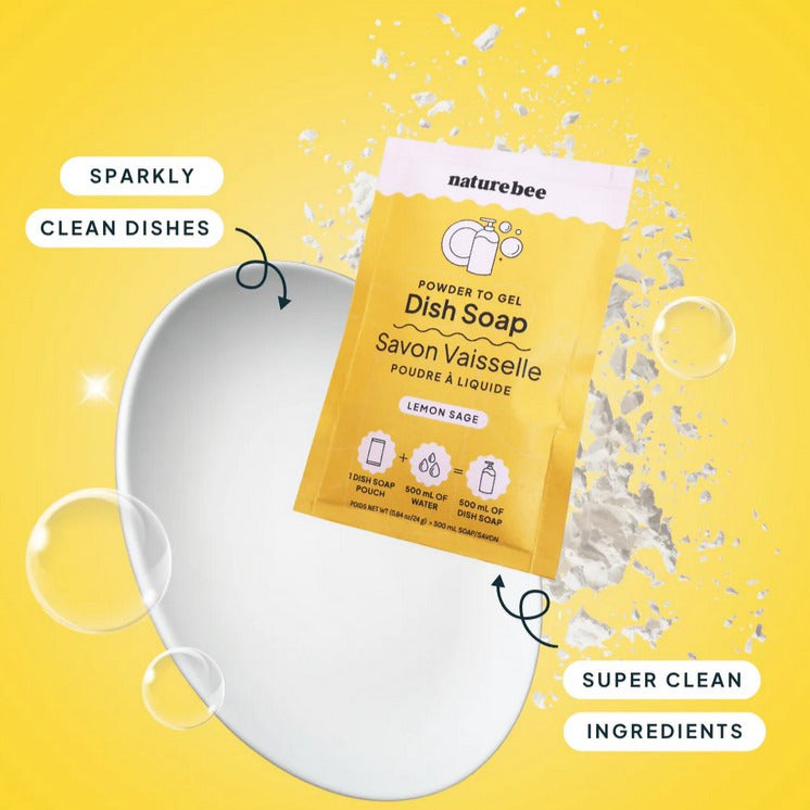 Close-up of the Powder to Gel Dish Soap’s lemon-yellow liquid texture with fresh sage leaves visible on the label panel.