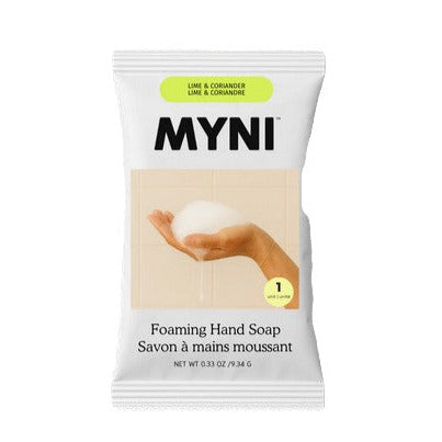 Myni Foaming Hand Soap Refill with lime and coriander scent, clear plastic pouch, 16 fl oz capacity, made in Canada