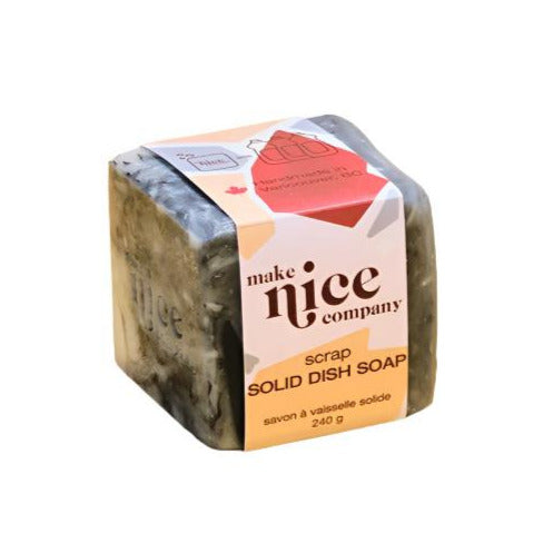 Scrap Solid Dish Soap bar by Make Nice Company in 3-pack, fragrance-free, textured white block with Canadian-made label
