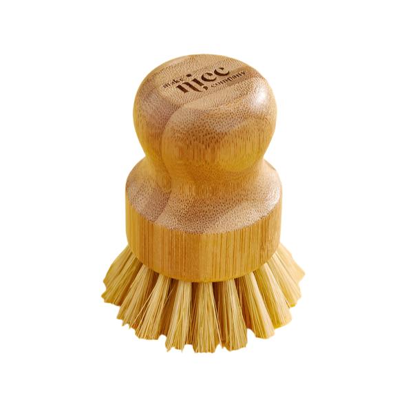 Make Nice Company dish scrubber brush with wooden handle, durable nylon bristles, and zero waste design for kitchen cleaning