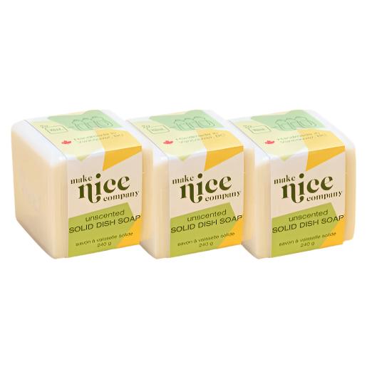 Close-up of the unscented solid dish soap block with smooth, matte surface and subtle beveled edges from a slight overhead