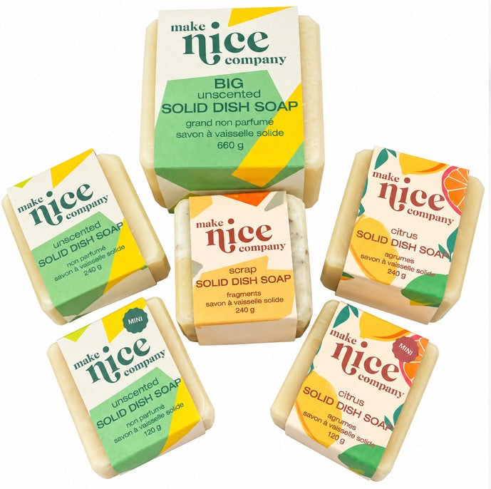 Imperfect Make Nice solid dish soap bars in unscented and citrus, made in Canada and reduced for clearance