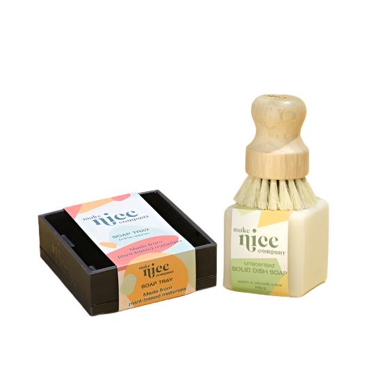 Make Nice Company unscented solid dish soap bar in kraft paper wrapping, part of the Canadian gift set starter kit for