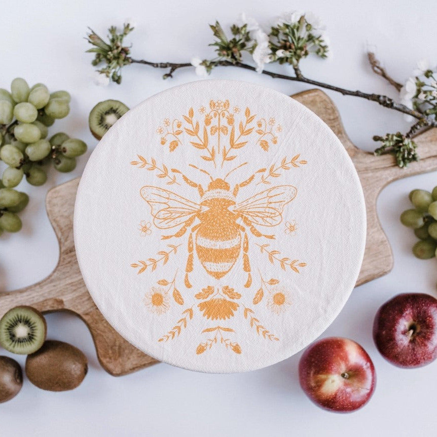 Medium bee fabric bowl cover 8.5 inch organic cotton reusable bowl cover Canada plastic free food storage eco kitchen