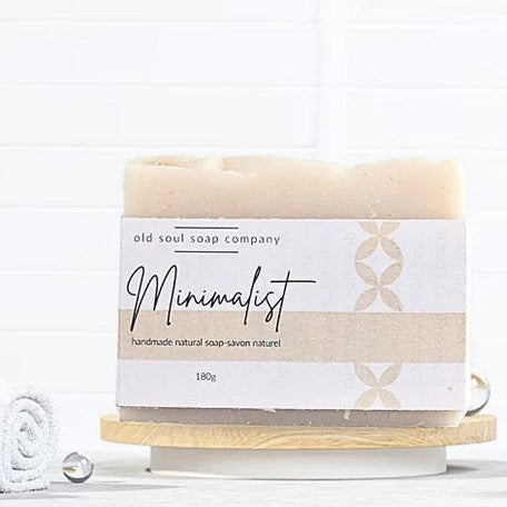Minimalist artisan soap bar, fragrance-free, naturally unscented, creamy texture, Old Soul Soap Company branding, 3x2 inches