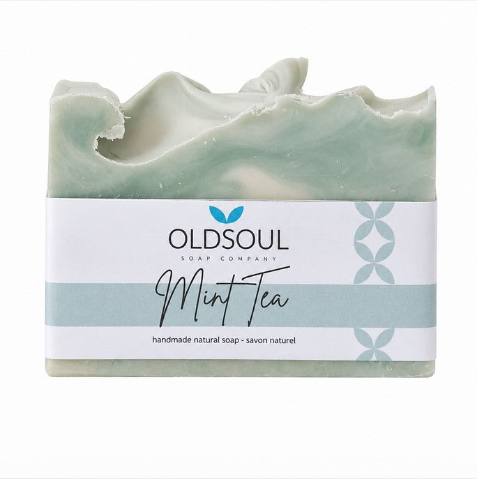 Mint Tea artisan soap by Old Soul Soap Company isolated on a white background with refreshing spearmint, rosemary, and lavender essential oils handmade in Canada