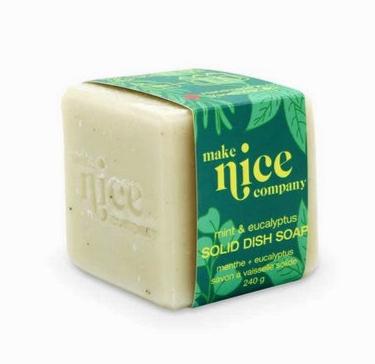 Make Nice Company Mint Eucalyptus solid dish soap bar with biodegradable, textured green soap block featuring essential oil