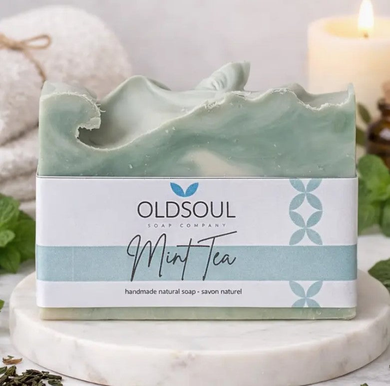 Mint Tea artisan soap by Old Soul Soap Company on marble tray with refreshing herbal mint scent and natural vegan ingredients made in Canada