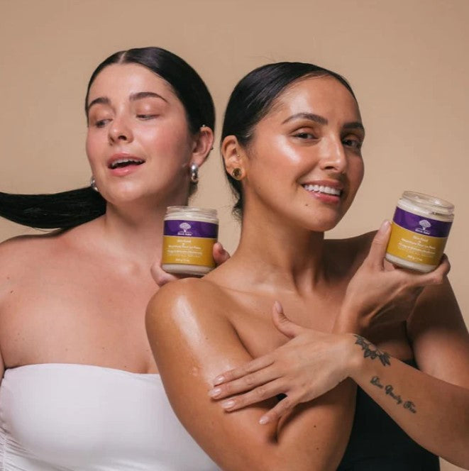 Close-up of Skin Food's textured, whipped body lotion with visible natural ingredients and eco-friendly label details.