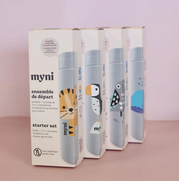 Myni 3 in 1 Kids Starter Kit with gentle shampoo, conditioner, and body wash, Canadian-made, coconut scent, lightweight gel
