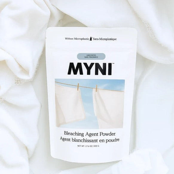 Myni Bleaching Agent Powder in white granular form, 500g package with white laundry on a line and the brand logo
