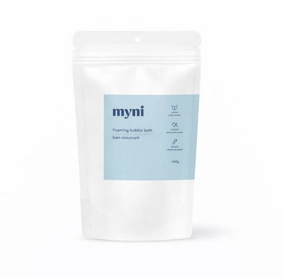 foaming bubble bath tablets in an eco-friendly pouch made in Canada by myni shown on a white background