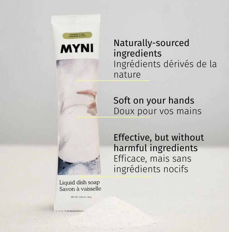 Myni Mandarin Sage dish soap concentrate refill powder eco friendly non toxic compostable packaging gentle on hands effective cleaning Canada