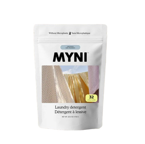 Myni laundry detergent tablets in clear plastic container with white tablets, eco-friendly, fragrance-free, made in Canada