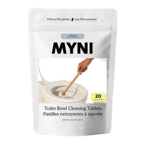Myni toilet bowl cleaning tablet in white plastic holder attached to standard porcelain toilet bowl, Canadian made