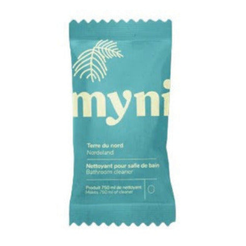 Myni Bathroom Cleaner Tablet Northern Land pine cedar scent teal compostable packaging eco-friendly Canadian zero-waste bathroom cleaning tablet