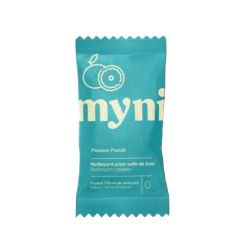 Myni Bathroom Cleaner Tablet Passion Punch tropical scent teal compostable packaging eco-friendly Canadian zero-waste bathroom cleaning tablet