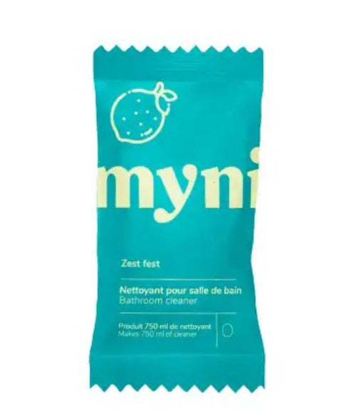 Myni Bathroom Cleaner Tablet Zest Fest citrus scent turquoise compostable packaging eco-friendly Canadian zero-waste bathroom cleaning tablet