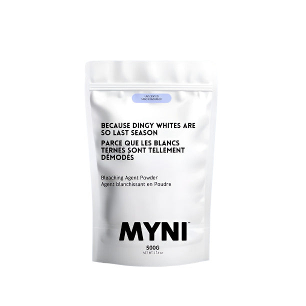 Myni Bleaching Agent Powder in white granular form, 500g package with blue and yellow label featuring brand logo