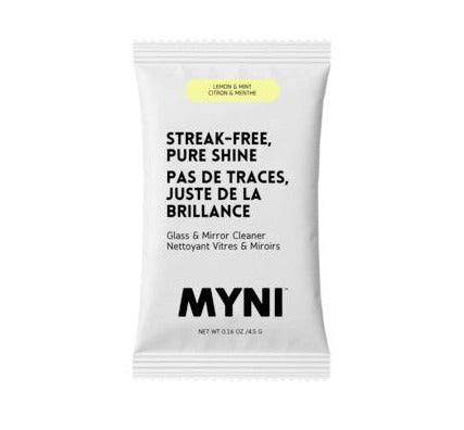 Myni Glass and Mirror Cleaner Tablet Lemon and Mint in compostable white packaging, streak-free zero-waste glass cleaning tablet made in Canada