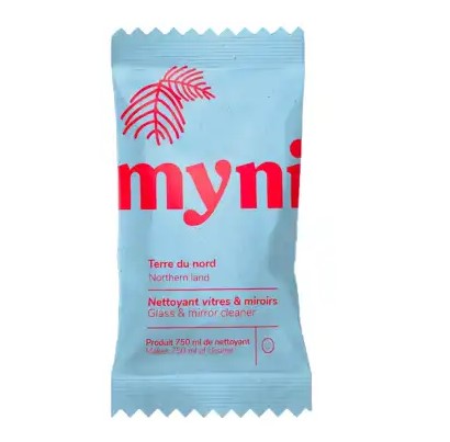 Myni Glass and Mirror Cleaner Tablet Northern Land in blue compostable packaging with red pine graphic, zero-waste forest-scented glass cleaning tablet made in Canada