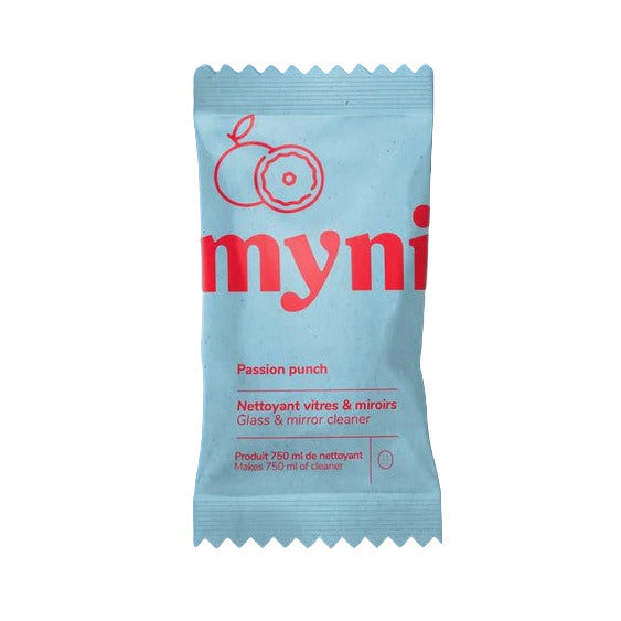Myni Glass and Mirror Cleaner Tablet Passion Punch in light blue compostable packaging with red fruit graphic, zero-waste tropical glass cleaning tablet made in Canada