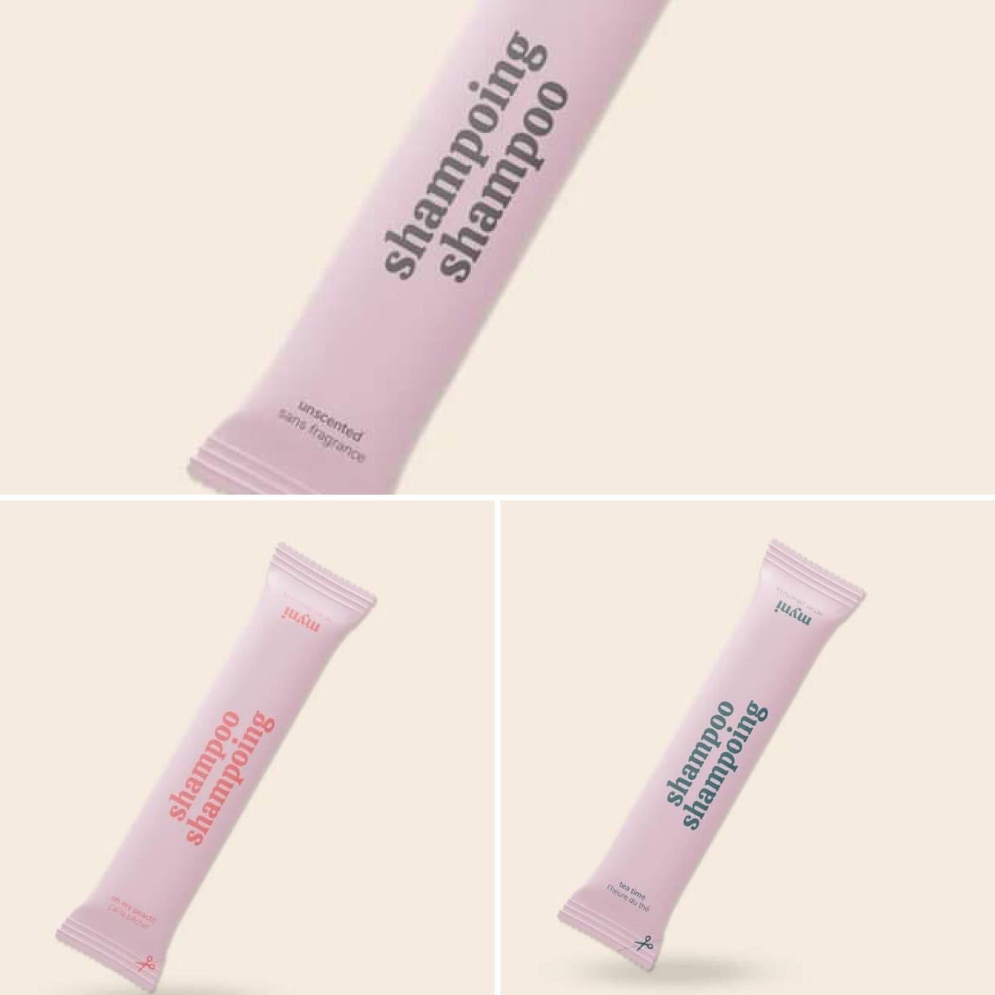 Myni fragrance-free shampoo bottle with peach scent label, made in Canada, featuring a simple white design with blue accents