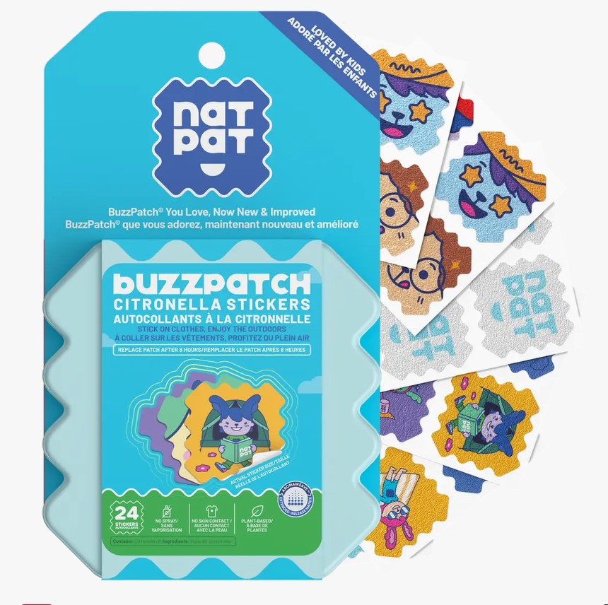 BUZZPATCH natural mosquito repellent stickers for kids showing colourful citronella patches and treasure box packaging