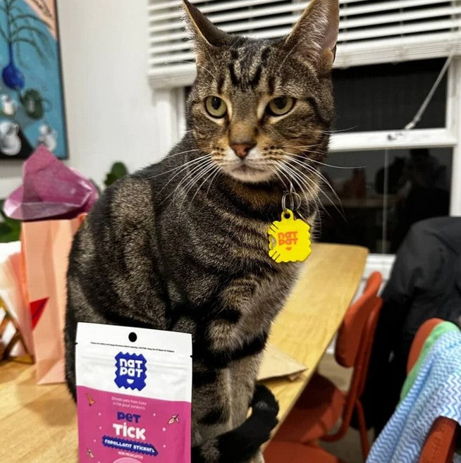 Cat wearing NATPAT tick repellent sticker on collar natural DEET-free pet tick protection safe non-toxic sticker for cats and dogs Canada