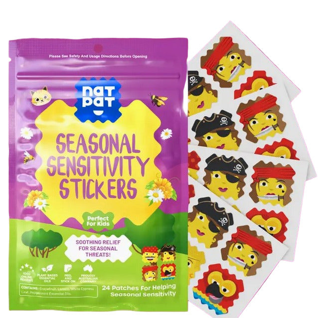 NATPAT AllergyPatch sticker sheet with light blue and white allergy relief patches, small oval shape, adhesive surface for