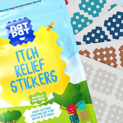 NATPAT Kids Itch Relief Stickers with plant-based, chemical-free patches in colorful packaging featuring small bug