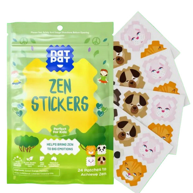 NATPAT ZenPatch calming stickers with pastel-colored cartoon animals, soft adhesive texture, 3x2 inches, designed for babies
