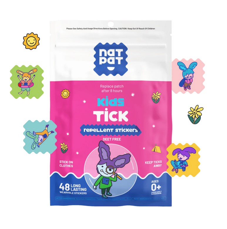 Close-up of the NATPAT Kids Tick Repellent Stickers showing colorful ant and bug illustrations on transparent adhesive