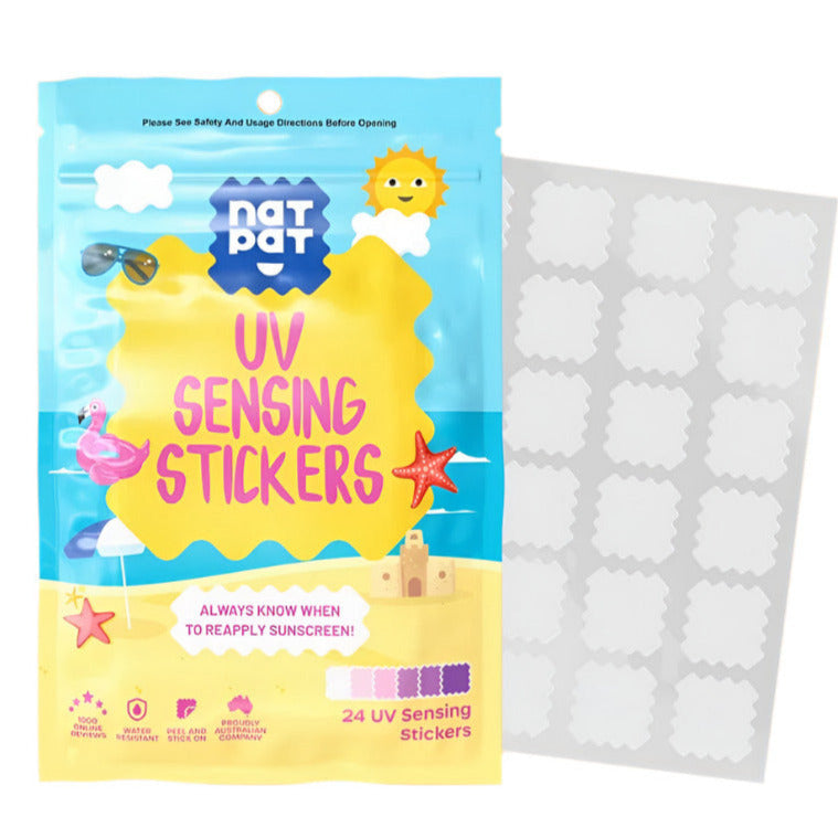 NATPAT UV sensing stickers for kids, 4 colorful flexible silicone patches with UV-sensitive color change, in clear plastic