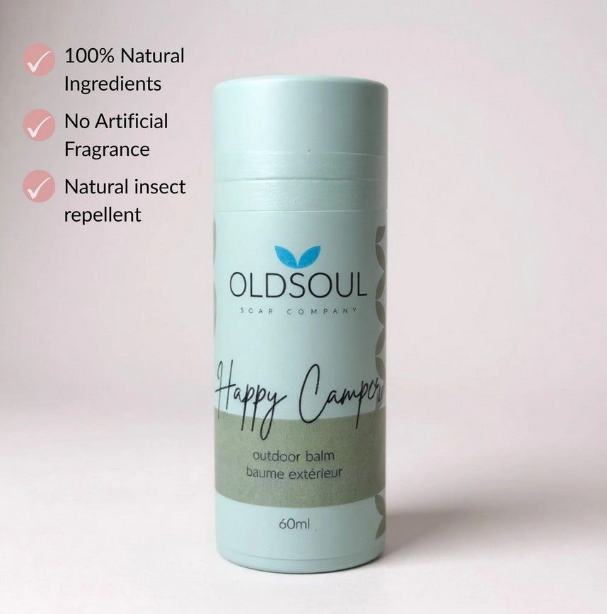 Happy Camper Outdoor Balm natural insect repellent stick with citronella and neem oil in plastic-free packaging made in Canada