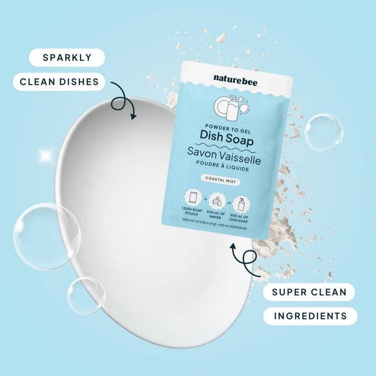 Close-up of clear gel transitioning to powder with Coastal Mist scent on textured white surface showing dissolving process