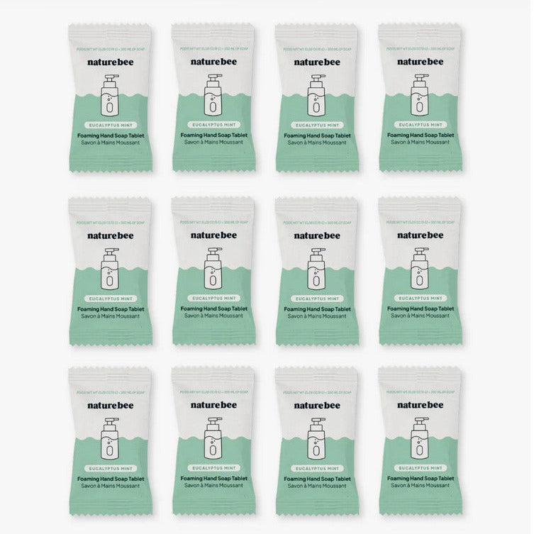 Close-up of the foaming hand soap tablet’s textured surface and eucalyptus mint scent details, showing the compact, square