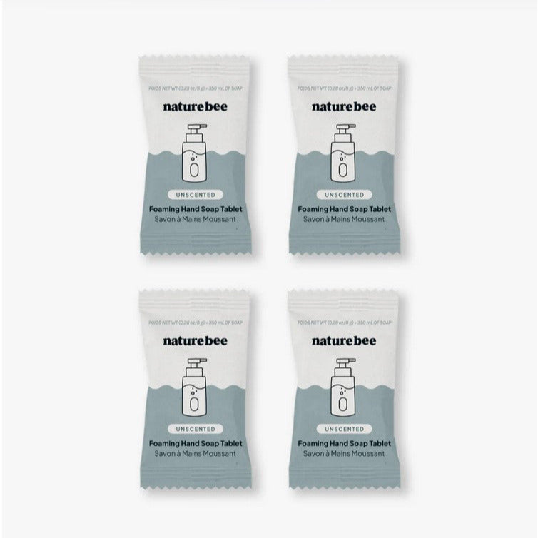 Close-up of the foam tablet dispenser showing textured surface and transparent container with soap tablets visible inside