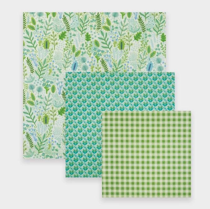 Green beeswax food wraps set by Nature Bee with organic, locally-sourced beeswax, cotton fabric, and sustainable