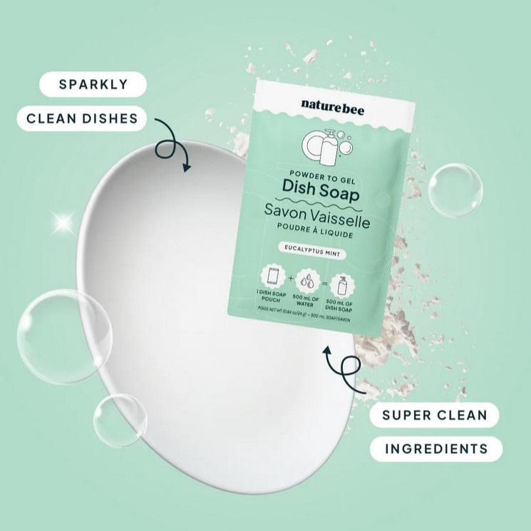 Close-up of the Powder to Gel Dish Soap's transparent pump dispenser with eucalyptus mint label detail and textured soap