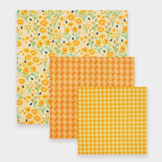 Yellow beeswax food wrap set with organic cotton, hand-crafted in Canada by Nature Bee, for eco-friendly food storage
