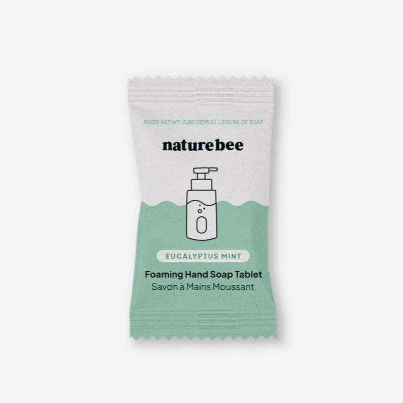 Nature Bee Clean eucalyptus mint foaming hand soap tablets in clear plastic container with white label, 40g, home kitchen use